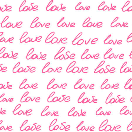 Vector seamless background. Doodle. The word love painted in pink on a white backgroundのイラスト素材