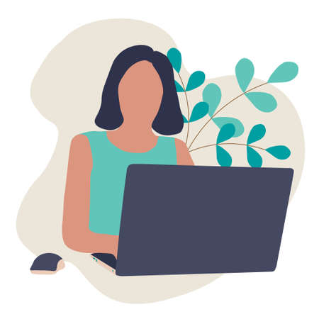 The girl is sitting at the computer. business freelancer.のイラスト素材