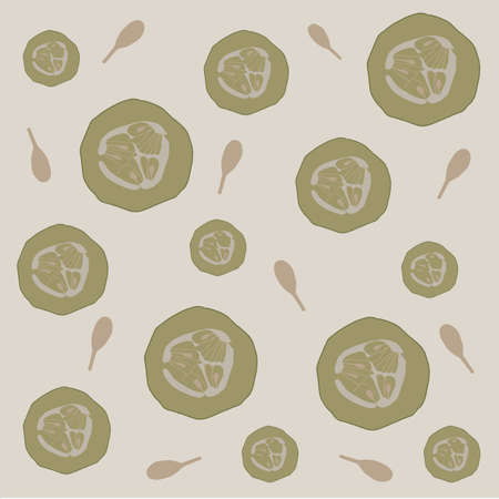 The pattern is a green cucumber cut with seeds. Vegetarian food pattern. Natural juicy background, Abstract vector. Chopped vegetables.のイラスト素材