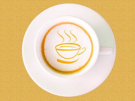 cappuccino coffee in white cup on wooden の写真素材