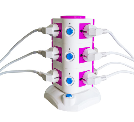 many electrical plugs in tower outletの写真素材