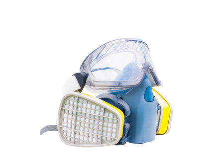 gas filter mask and goggle, protective devices on white の写真素材
