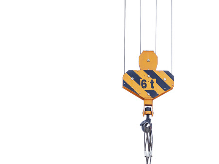 industial hook with yellow strip isolated on white backgroundの写真素材