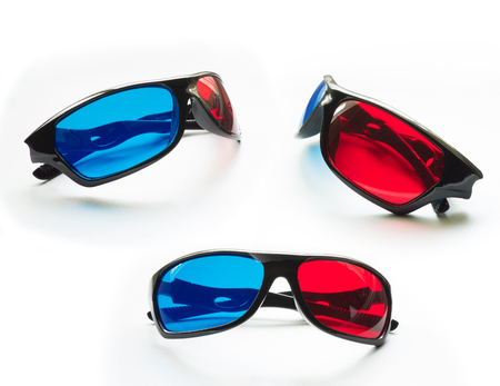 red and blue on stereo glasses for three dimensional movie on white background