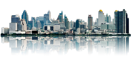 many modern buildings on midtown, showing skyscraper in panoramic metropolitan, isolated on white backgroundの写真素材