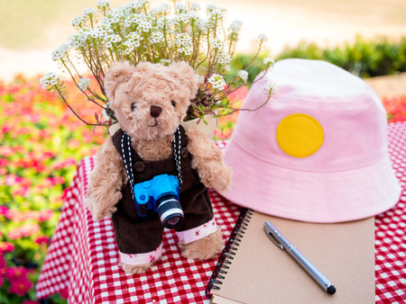 cute teddy brown bear hanging a camera standing on the outdoor tableの写真素材