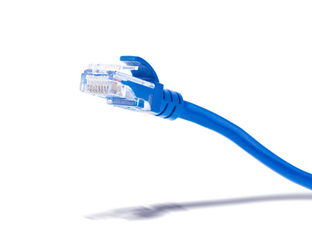 blue lan cable and connector on white background, stacking focus added