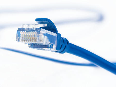 blue lan cable and connector on white background, stacking focus added