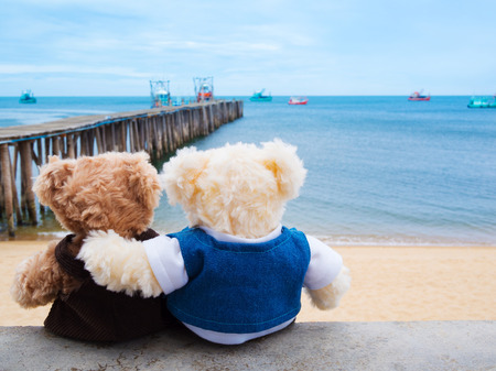 two teddy brown bear, lovely dolls sitting outdoor on the sea shoreの写真素材