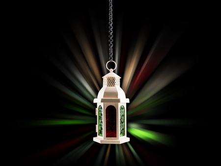 lantern lamp hanging on metal chains on the dark with colorful color background
