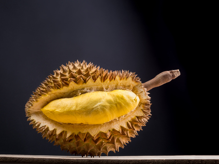close up shot on durian, sweet king of fruits on dark background,  vegetable for diet with nutrition ingredient concept.の写真素材