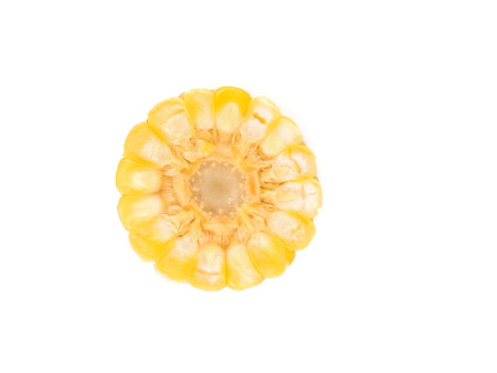 close up shot of steamed corn, sweet fruits on white background,  vegetable for diet with nutrition ingredient concept.の写真素材