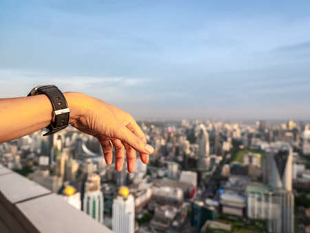 Beautiful Bangkok city, bird eye view on modern new buildings or skyscrapers cityscape on daytime and night time, panoramic scene showing urban skyline and business office towersの写真素材