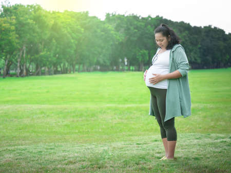 Pregnant Woman holding her hands tender on her baby, Pregnant Belly with all fingers. Maternity  or motherhood conceptの写真素材