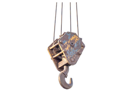 aged industry hook and sling for heavy load, isolated on white backgroundの写真素材