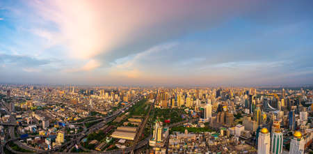 Beautiful Bangkok city, bird eye view on modern new buildings or skyscrapers cityscape on daytime and night time, panoramic scene showing urban skyline and business office towersのeditorial素材