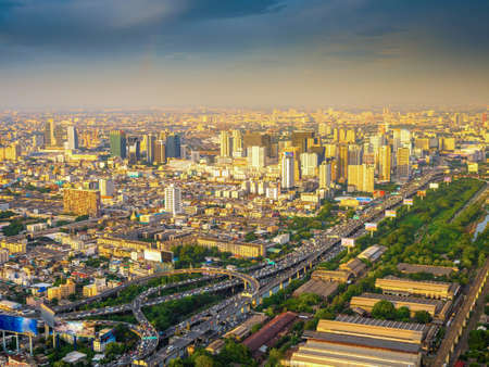 Beautiful Bangkok city, bird eye view on modern new buildings or skyscrapers cityscape on daytime and night time, panoramic scene showing urban skyline and business office towersのeditorial素材