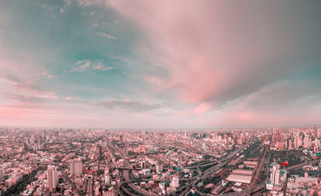 Beautiful Bangkok city, bird eye view on modern new buildings or skyscrapers cityscape on daytime and night time, panoramic scene showing urban skyline and business office towersのeditorial素材