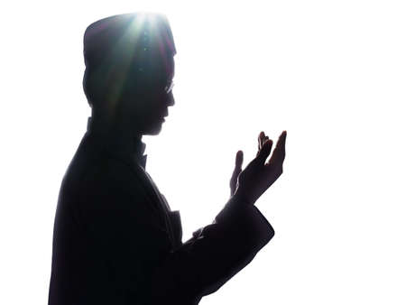 muslim man praying for Allah, Muslim God , on mosque in ramadan kareem nightの写真素材
