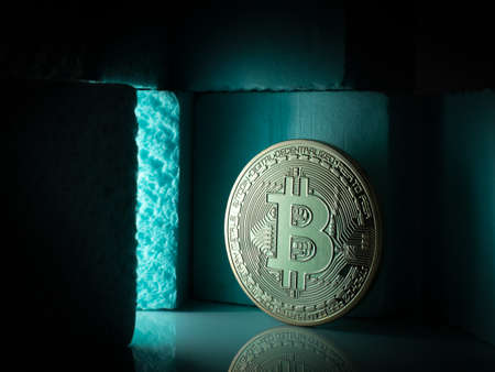 decorated bit coin on boxes of foam, bitcoin concept ready to showの写真素材