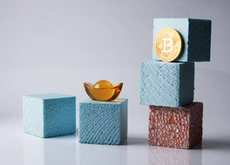 decorated bit coin on boxes of foam, bitcoin concept ready to show