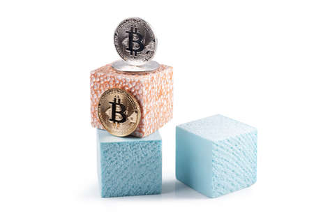 decorated bit coin on boxes of foam, bitcoin concept ready to showの写真素材