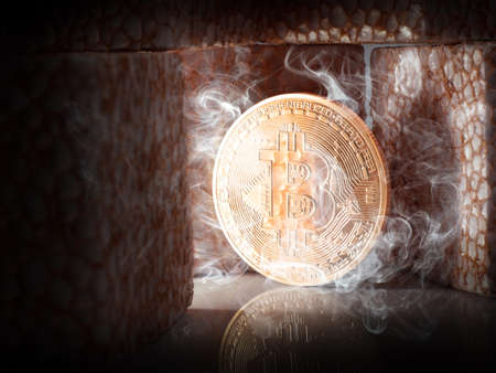 decorated bit coin on boxes of foam, bitcoin concept ready to showの写真素材