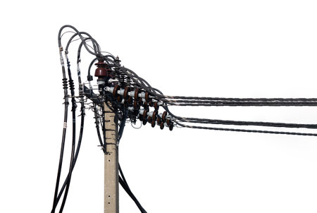 electrical power line in pole for transmission power energy to feed connection grid in city and countrysideの写真素材