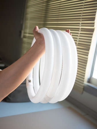 group of tubular  fluorescent light tubes on  hand ready to use