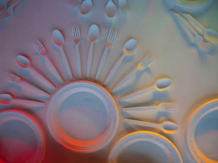 degradable plastic spoon and fork and paper dish on white background, it made of self degrade...