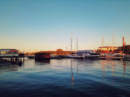 boats in harbor on a summer eveningの写真素材