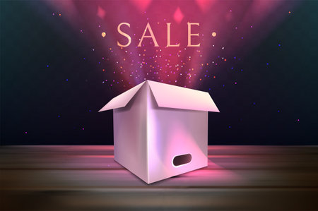 Realistic 3d white cardboard box with sale text on a dark transparent background. Vector illustration. Eps 10のイラスト素材