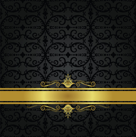 Seamless black floral wallpaper pattern and gold ribbon with decorative swirls. This image is a vector illustration.のイラスト素材