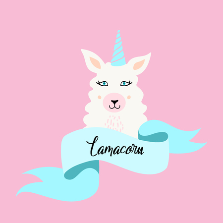 Cute Lama cartoon with blue ribbon on white background. Love the llama.For poster, greeting card,invitation,child room decor,sticker, notebook,childish accessories print, phone case.Hand drawn doodleのイラスト素材