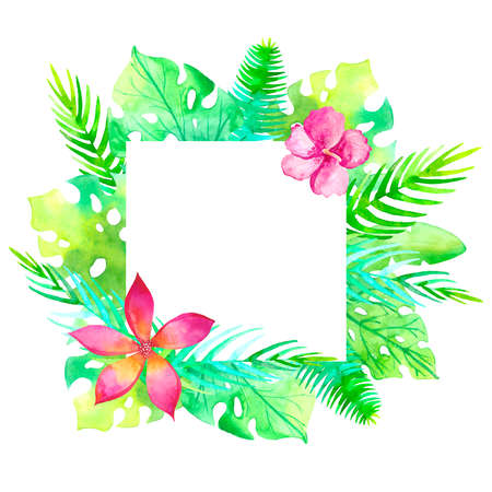 Watercolor ftropic wedding circle frame.Poster blank.Hand painted plants,monstera, banana leaf, palm branch isolated on white background.Botanic design template.Summer concept. Hand drawnの写真素材