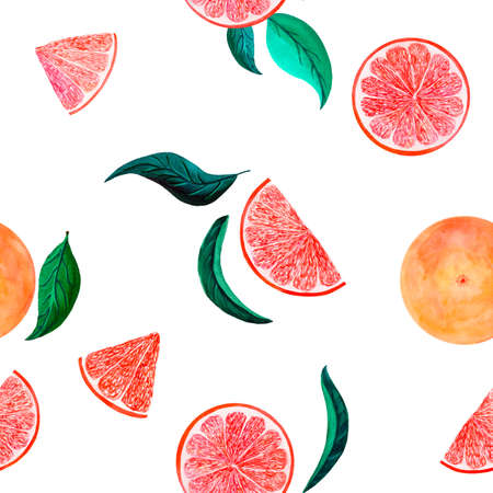 Watercolor citrus pattern grapefruit, floral seamless pattern with branch, botanical natural illustration on white background. Hand drawn watercolor painting. Organic patternの写真素材