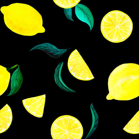Watercolor citrus pattern lemon, seamless pattern with branch, botanical natural illustration on black background. Hand drawn watercolor painting. Organic patternの写真素材