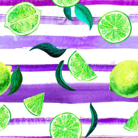 Watercolor citrus pattern lime, seamless pattern with branch, botanical natural illustration on white background, ultra violet striped texture. Hand drawn watercolor painting. Organic pattern.の写真素材