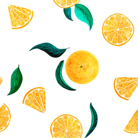 Watercolor citrus pattern orange, seamless pattern with branch, botanical natural illustration on white background. Hand drawn watercolor painting lemon leaves. Organic patternの写真素材