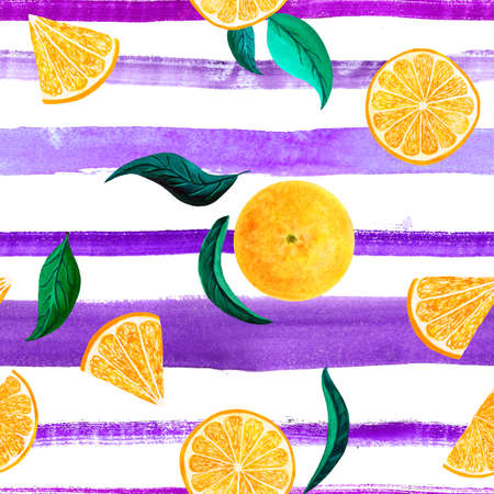 Watercolor citrus pattern orange, seamless pattern with branch, botanical natural illustration on white background, ultra violet striped texture. Hand drawn watercolor painting. Organic pattern.の写真素材