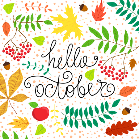 hand drawn phrase - Hello October. Cute greeting card with handwritten calligraphy and autumn leaves. Colorful festive backgroundのイラスト素材
