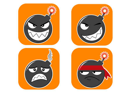 Set of bombs-emoji stickers, smiling, thinking, winking, frustrated, sad, with the burning wickのイラスト素材