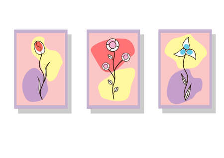Set of cards, brochures with designed flowers in minimalistic style in framesのイラスト素材