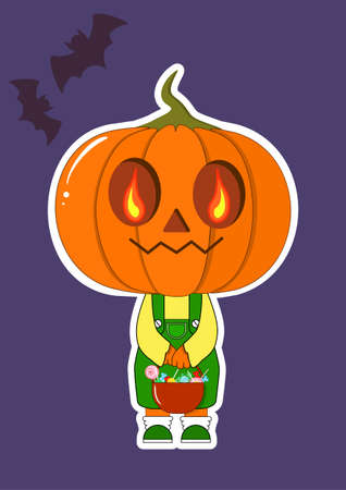Cute Halloween Baby Pumpkin in overalls with pot full of candies and sweetsのイラスト素材