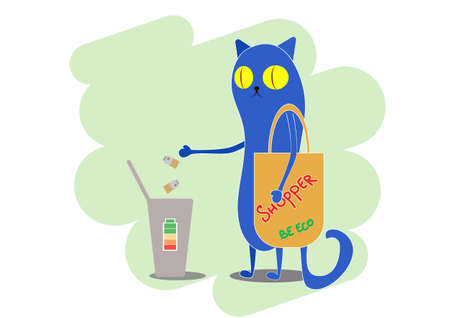 Cat eco-activist with the shopper throwing the batteries into the recycling canのイラスト素材