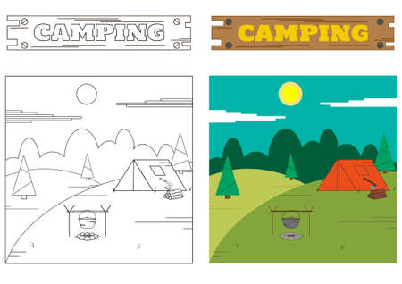 Camping in the forest with tent, bonfire, pot and ax during the sunny dayのイラスト素材