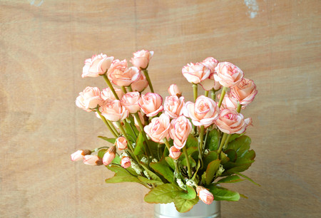 pink rose on wood background vintage styleの写真素材
