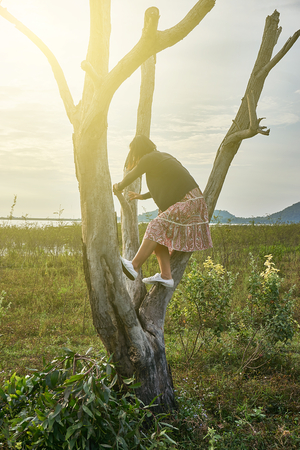 naughty teenage girl climbing the dead tree. naughty girl under rim light.の写真素材