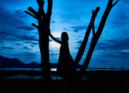 silhouette picture of woman stands on the dead tree in the night. Halloween and witch concept. There is the moon in the night sky.の写真素材