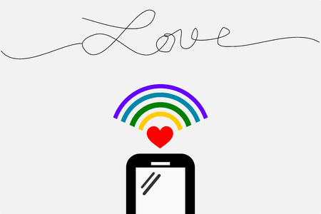 Smartphone with wireless internet signal. There is handwriting word 'love' in flat design. Illustration in technology and love concept. Connecting with love.のイラスト素材